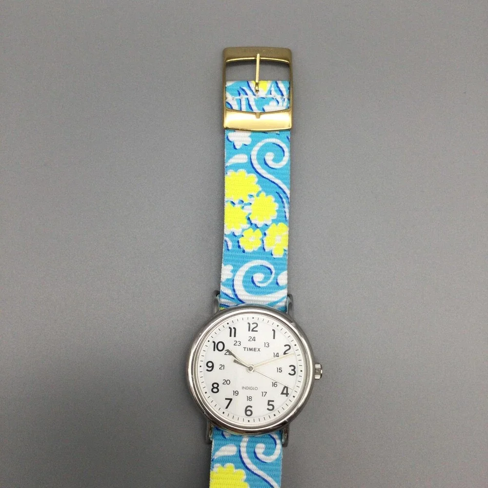 Timex Womens Watch 38mm White Dial Blue Floral Nylon Band Indiglo TW2R24000 - Picture 10 of 15